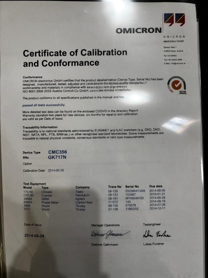 Omicron CMC 356 Protection Relay Tester + Calibration Cert & Full Cable Set