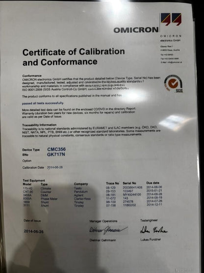 Omicron CMC 356 Protection Relay Tester + Calibration Cert & Full Cable Set