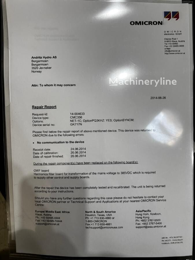 Omicron CMC 356 Protection Relay Tester + Calibration Cert & Full Cable Set