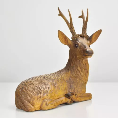 Antique Stag Figurine Carved Wood w. Glass Eyes Brienz Black Forest CHRISTMAS GIFT